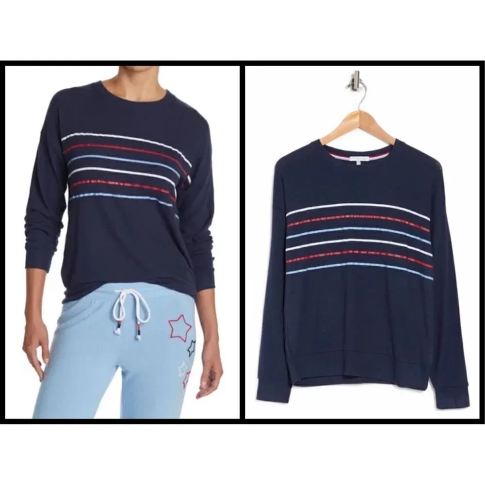 💕PJ SALVAGE💕 Long Sleeve Pajama Top Navy Blue Striped Loungewear Medium M NWT